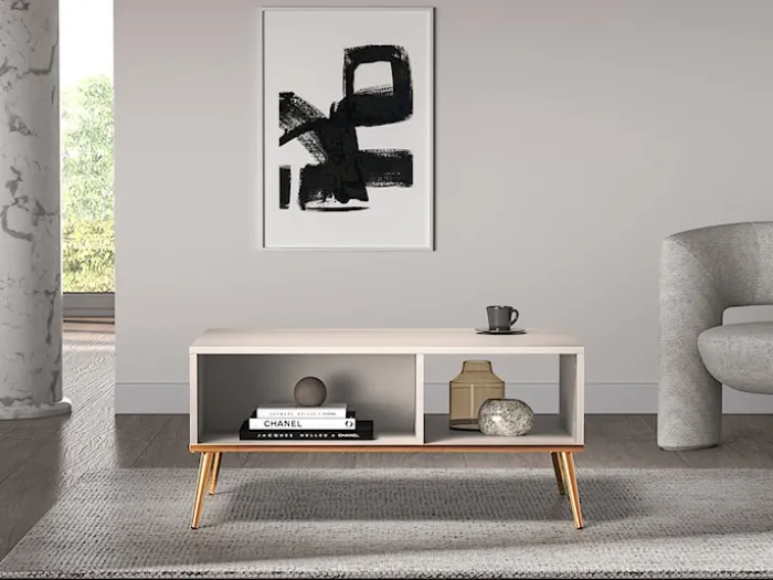 Ława kawowa Selgin 60x90 cm szary beż ze złotymi nogami