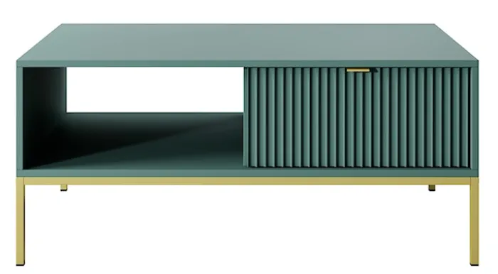 Ława kawowa Vellore 104x68 cm zielona z ryflowanym frontem, złotymi uchwytami i stelażem