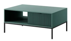 Ława kawowa Vellore 104x68 cm zielona z ryflowanym frontem, czarnymi uchwytami i stelażem