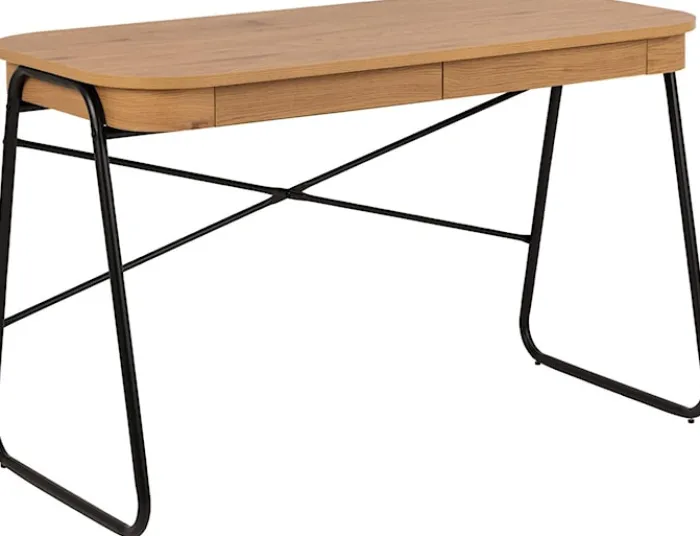 Biurko Lizeno 120x60 cm z dwoma szufladami na czarnej metalowej podstawie naturalny mat