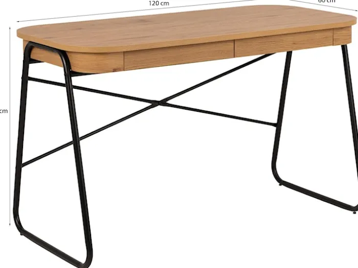 Biurko Lizeno 120x60 cm z dwoma szufladami na czarnej metalowej podstawie naturalny mat