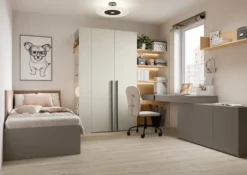 Biurko młodzieżowe prawe Woow z trzema szufladami i wnęką 210 cm szampański/clay grey
