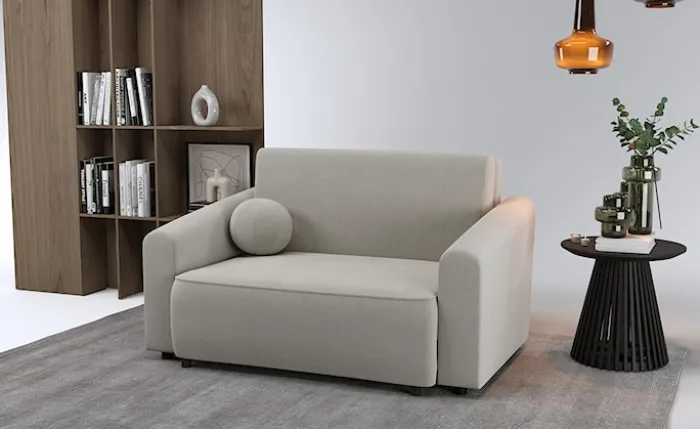 Kanapa rozkładana dwuosobowa Stevio 150 cm z pojemnikiem szarobeżowa szenil hydrofobowy