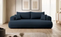 Kanapa rozkładana trzyosobowa Ovo z pojemnikiem granatowa welur w tkaninie łatwoczyszczącej