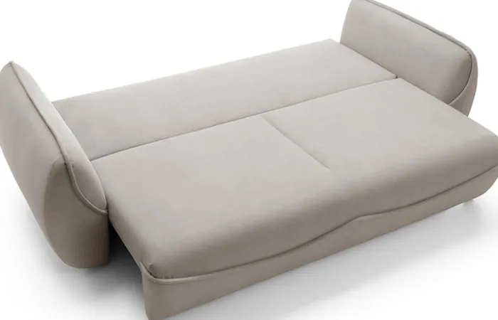 Kanapa rozkładana trzyosobowa Cutie z pojemnikiem beżowa welur łatwoczyszczący