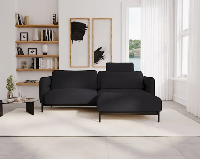 Kanapa rozkładana trzyosobowa Solianero z pufą czarna szenil hydrofobowy