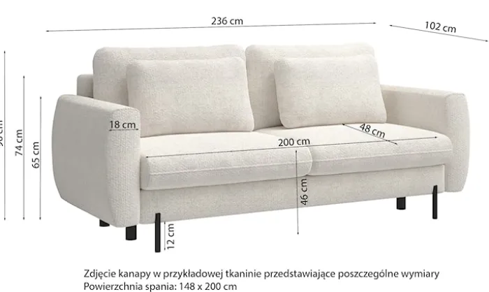 Kanapa rozkładana trzyosobowa Rane z pojemnikiem szarobeżowa szenil hydrofobowy