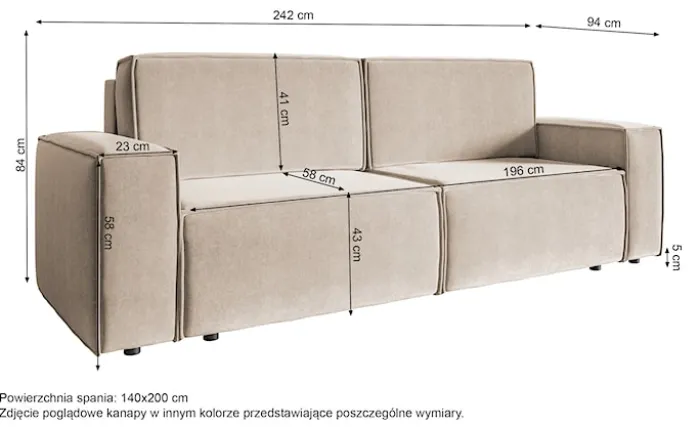 Kanapa rozkładana trzyosobowa Copertino kremowa welur hydrofobowy