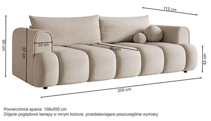 Kanapa trzyosobowa Dandelino z funkcją spania szara welur hydrofobowy