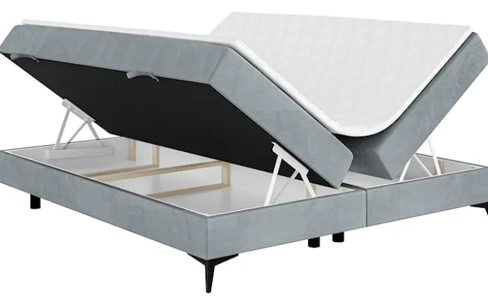 Łóżko kontynentalne Baseo niskie 140x200 cm bez wezgłowia z pojemnikami i topperem jasnoszare welur hydrofobowy