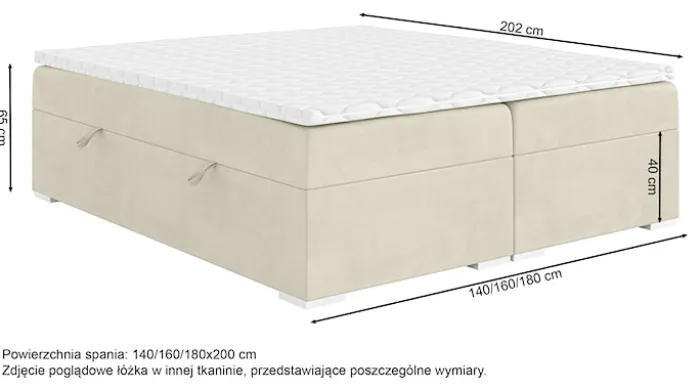 Łóżko kontynentalne Baseo wysokie 140x200 cm bez wezgłowia z pojemnikami i topperem kremowe welur hydrofobowy
