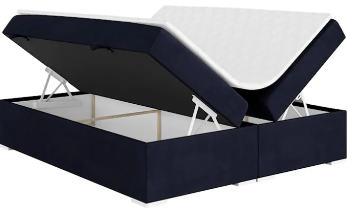 Łóżko kontynentalne Baseo wysokie 140x200 cm bez wezgłowia z pojemnikami i topperem granatowe welur hydrofobowy