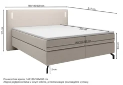 Łóżko kontynentalne Lanko 180x200 cm z topperem i oświetleniem szary welur