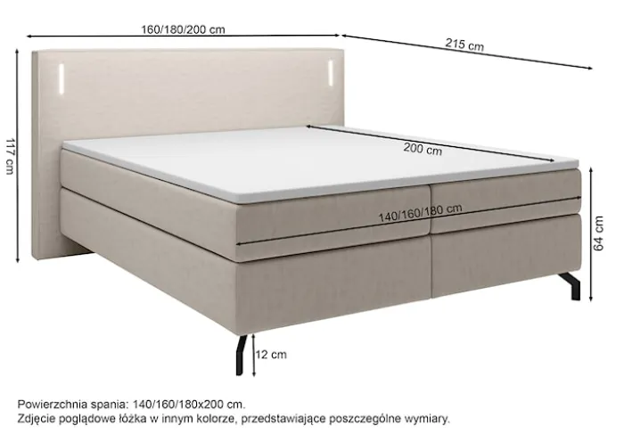 Łóżko kontynentalne Lanko 180x200 cm z topperem i oświetleniem szary welur