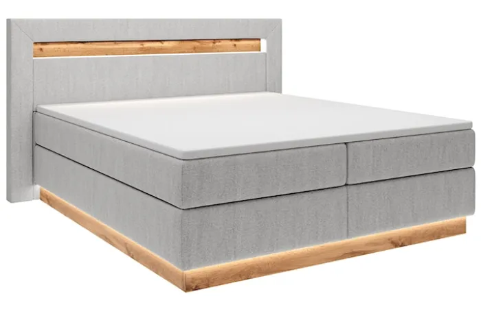 Łóżko kontynentalne Oski 140x200 cm z topperem i oświetleniem jasnoszary welur