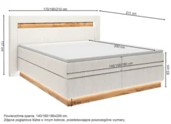 Łóżko kontynentalne Oski 140x200 cm z topperem i oświetleniem jasnoszary welur