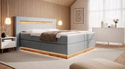 Łóżko kontynentalne Oski 140x200 cm z topperem i oświetleniem jasnoszary welur