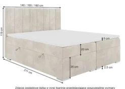 Łóżko kontynentalne 160x200 cm Alenna z pojemnikami i topperem ciemnoszare welur hydrofobowy