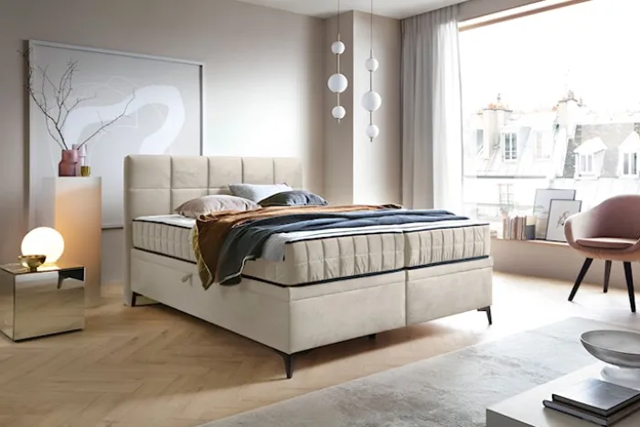 Łóżko kontynentalne 160x200 cm Beriano z pojemnikami i materacem jasnobeżowe welur