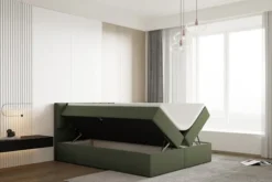 Łóżko kontynentalne 140x200 cm Carbini z pojemnikamii materacem bonellowym oliwkowe welur hydrofobowy