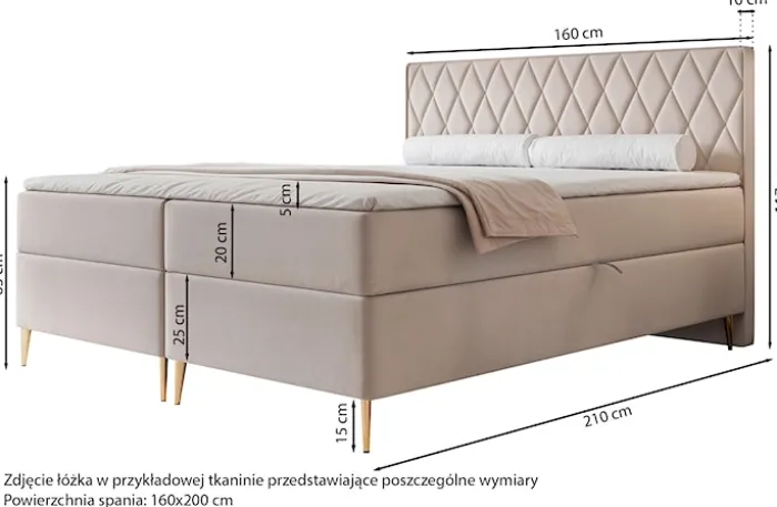 Łóżko kontynentalne 160x200 cm Caresso z materacem bonellowym i topperem beżowe welur hydrofobowy