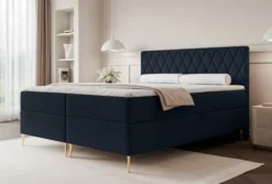 Łóżko kontynentalne 180x200 cm Caresso z materacem bonellowym i topperem granatowe welur hydrofobowy