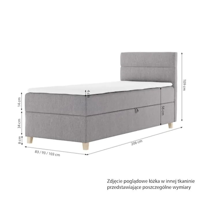 Łóżko kontynentalne 90x200 cm Charolle z pojemnikiem i topperem jednoosobowe różowe welur prawostronne