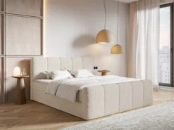 Łóżko kontynentalne 180x200 cm Cloudy II z pojemnikami i topperem jasnobeżowe boucle