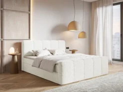 Łóżko kontynentalne 200x200 cm Cloudy II z pojemnikami i topperem kremowe boucle