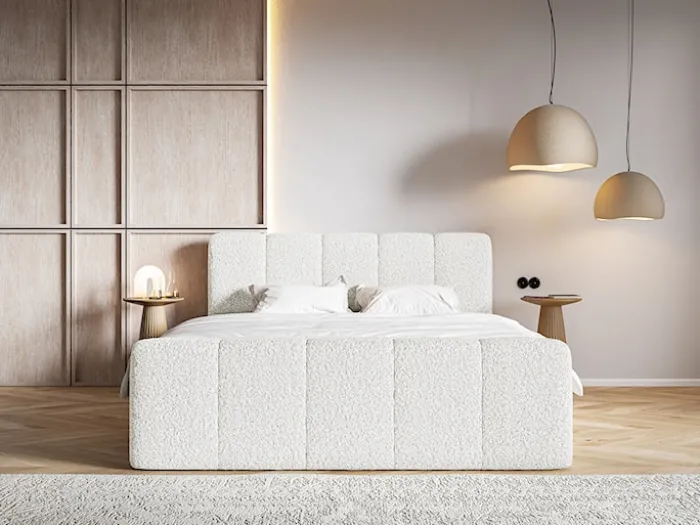 Łóżko kontynentalne 200x200 cm Cloudy II z pojemnikami i topperem kremowe boucle