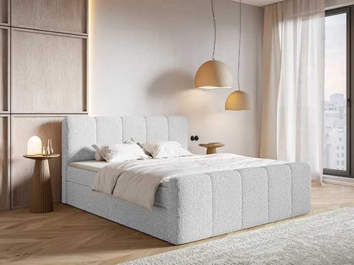 Łóżko kontynentalne 200x200 cm Cloudy II z pojemnikami i topperem jasnoszare boucle