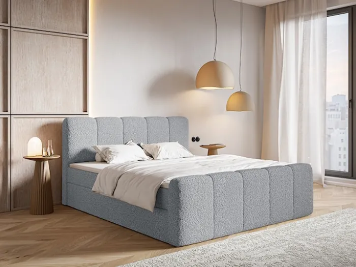 Łóżko kontynentalne 200x200 cm Cloudy II z pojemnikami i topperem szare boucle
