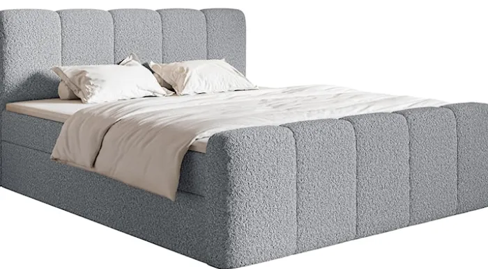 Łóżko kontynentalne 200x200 cm Cloudy II z pojemnikami i topperem szare boucle