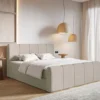 Łóżko kontynentalne 200x200 cm Cloudy II z pojemnikami i topperem szarobrązowe szenil hydrofobowy