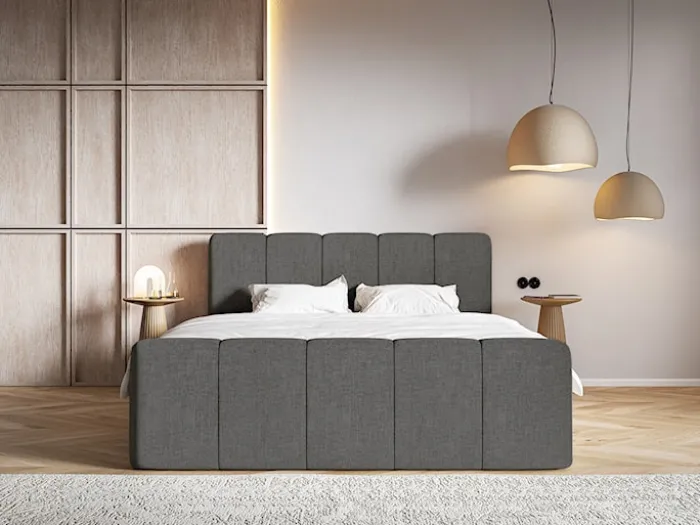 Łóżko kontynentalne 200x200 cm Cloudy II z pojemnikami i topperem ciemnoszare szenil hydrofobowy