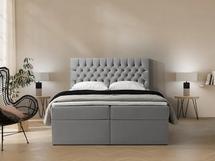 Łóżko kontynentalne 140x200 cm Daissy z pojemnikami i topperem szare welur