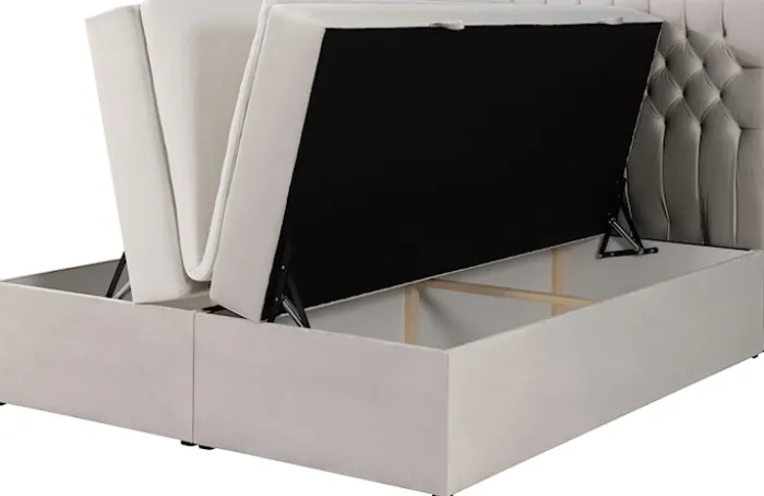Łóżko kontynentalne 140x200 cm Daissy z pojemnikami i topperem jasnobeżowe welur