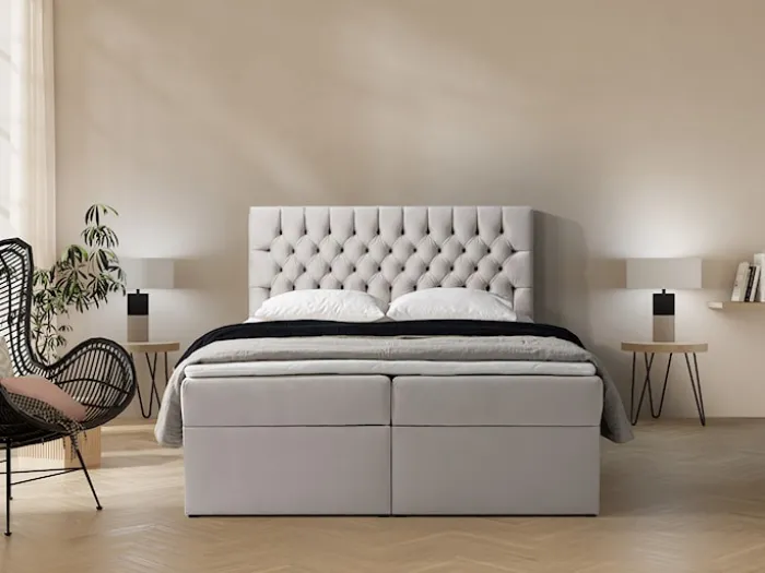 Łóżko kontynentalne 140x200 cm Daissy z pojemnikami i topperem jasnobeżowe welur