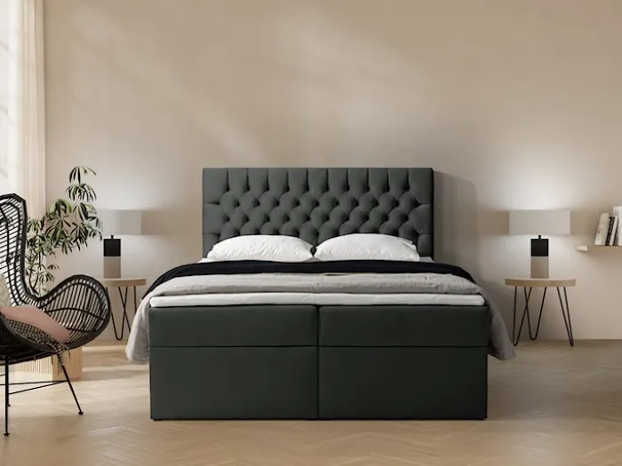 Łóżko kontynentalne 160x200 cm Daissy z pojemnikami i topperem ciemnoszare welur
