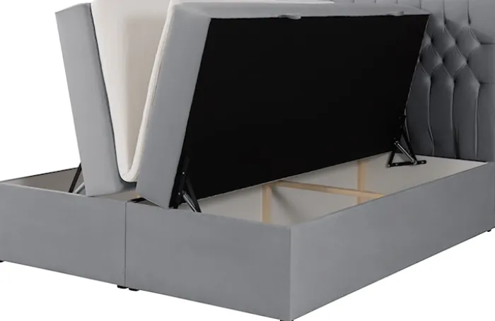 Łóżko kontynentalne 160x200 cm Daissy z pojemnikami i topperem szare welur