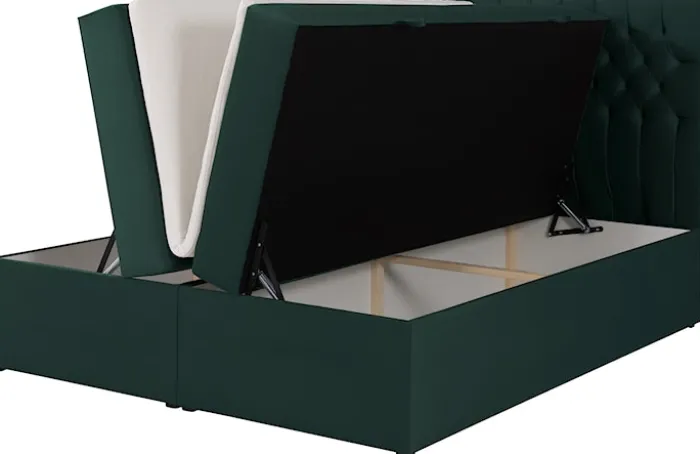 Łóżko kontynentalne 160x200 cm Daissy z pojemnikami i topperem butelkowa zieleń welur
