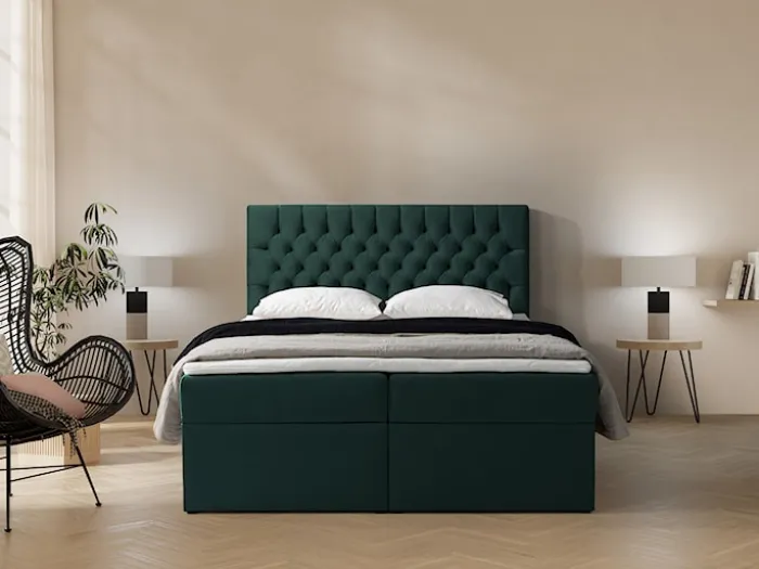 Łóżko kontynentalne 160x200 cm Daissy z pojemnikami i topperem butelkowa zieleń welur
