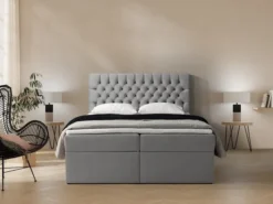Łóżko kontynentalne 180x200 cm Daissy z pojemnikami i topperem szare welur