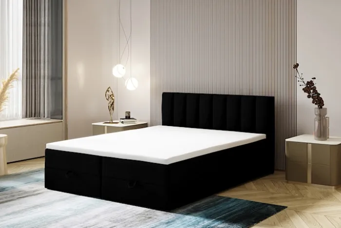Łóżko kontynentalne 140x200 cm Dorsetto z pojemnikami i materacem bonellowym czarne welur hydrofobowy