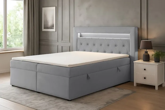 Łóżko kontynentalne 140x200 cm Goldess z pojemnikami i oświetleniem LED szare welwet