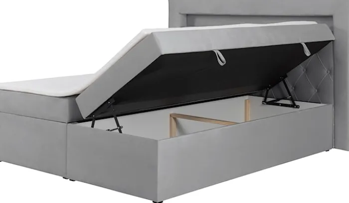 Łóżko kontynentalne 140x200 cm Goldess z pojemnikami i oświetleniem LED szare welwet