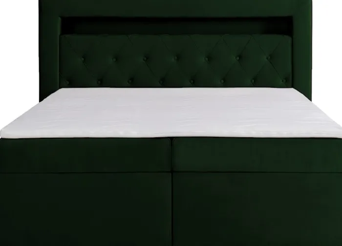 Łóżko kontynentalne 140x200 cm Goldess z pojemnikami i oświetleniem LED butelkowa zieleń welwet