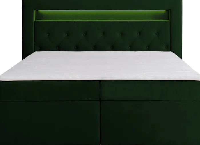 Łóżko kontynentalne 140x200 cm Goldess z pojemnikami i oświetleniem LED butelkowa zieleń welwet