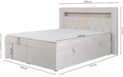 Łóżko kontynentalne 140x200 cm Goldess z pojemnikami i oświetleniem LED beżowe welwet