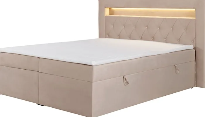 Łóżko kontynentalne 140x200 cm Goldess z pojemnikami i oświetleniem LED beżowe welwet